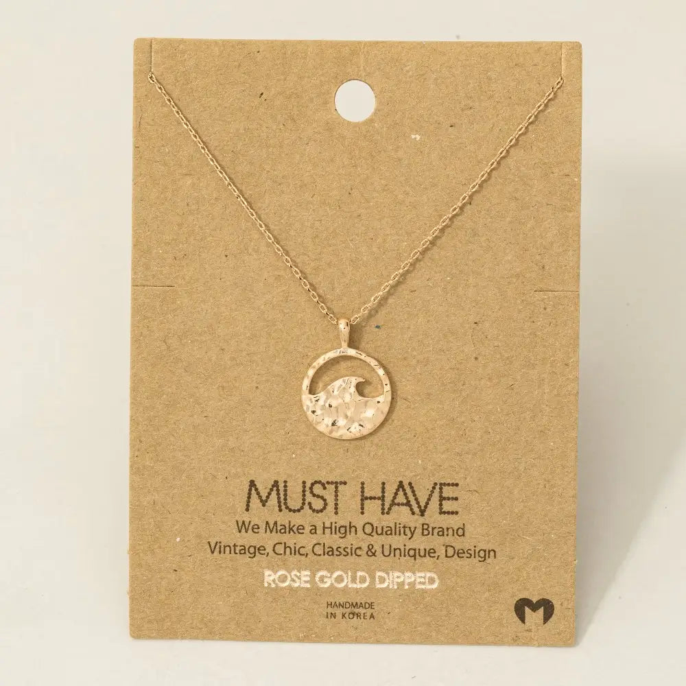 Rose Gold Hammered Wave Circle Pendant Necklace