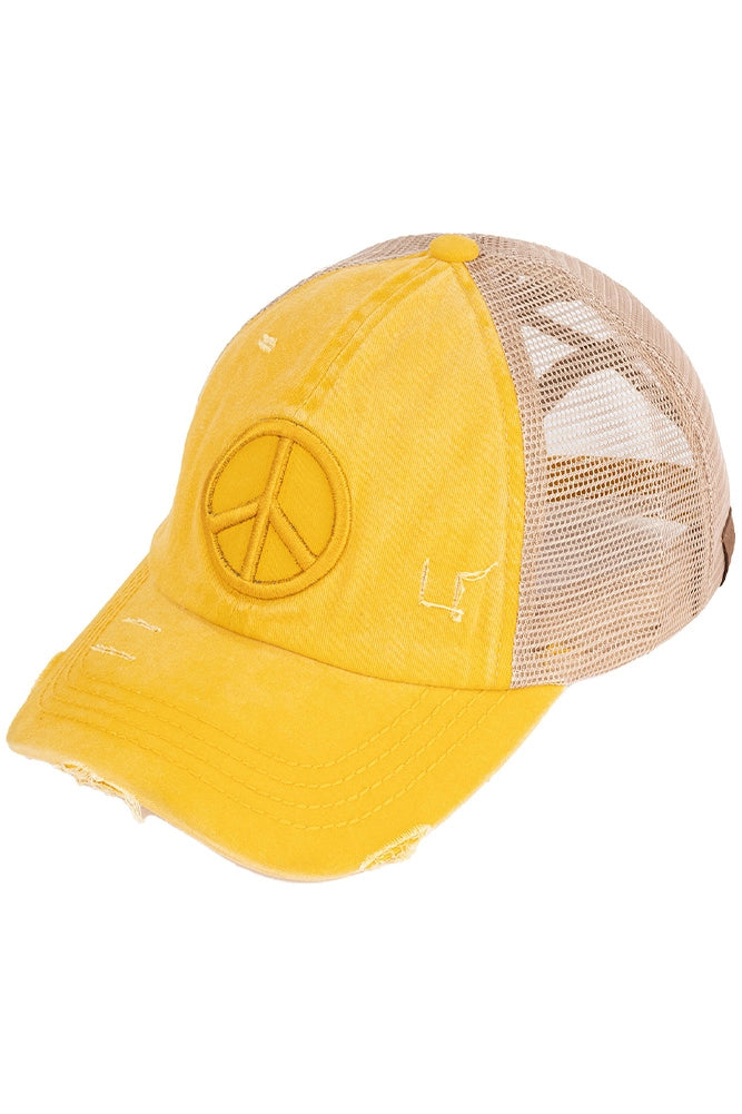 C.C Peace Sign Distressed Criss Cross Pony Cap