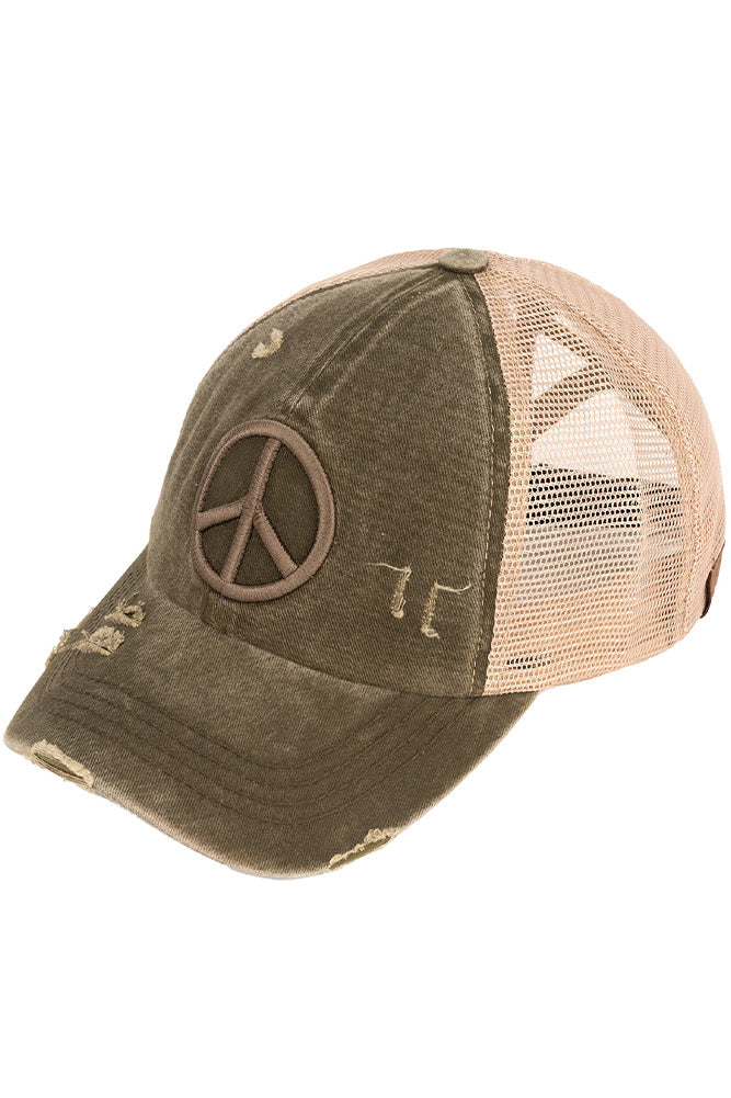 C.C Peace Sign Distressed Criss Cross Pony Cap