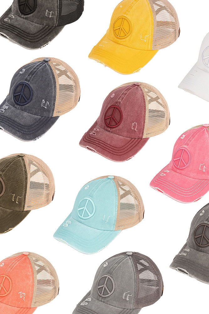 C.C Peace Sign Distressed Criss Cross Pony Cap