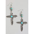 Turquoise Feather Cross Drop Earrings