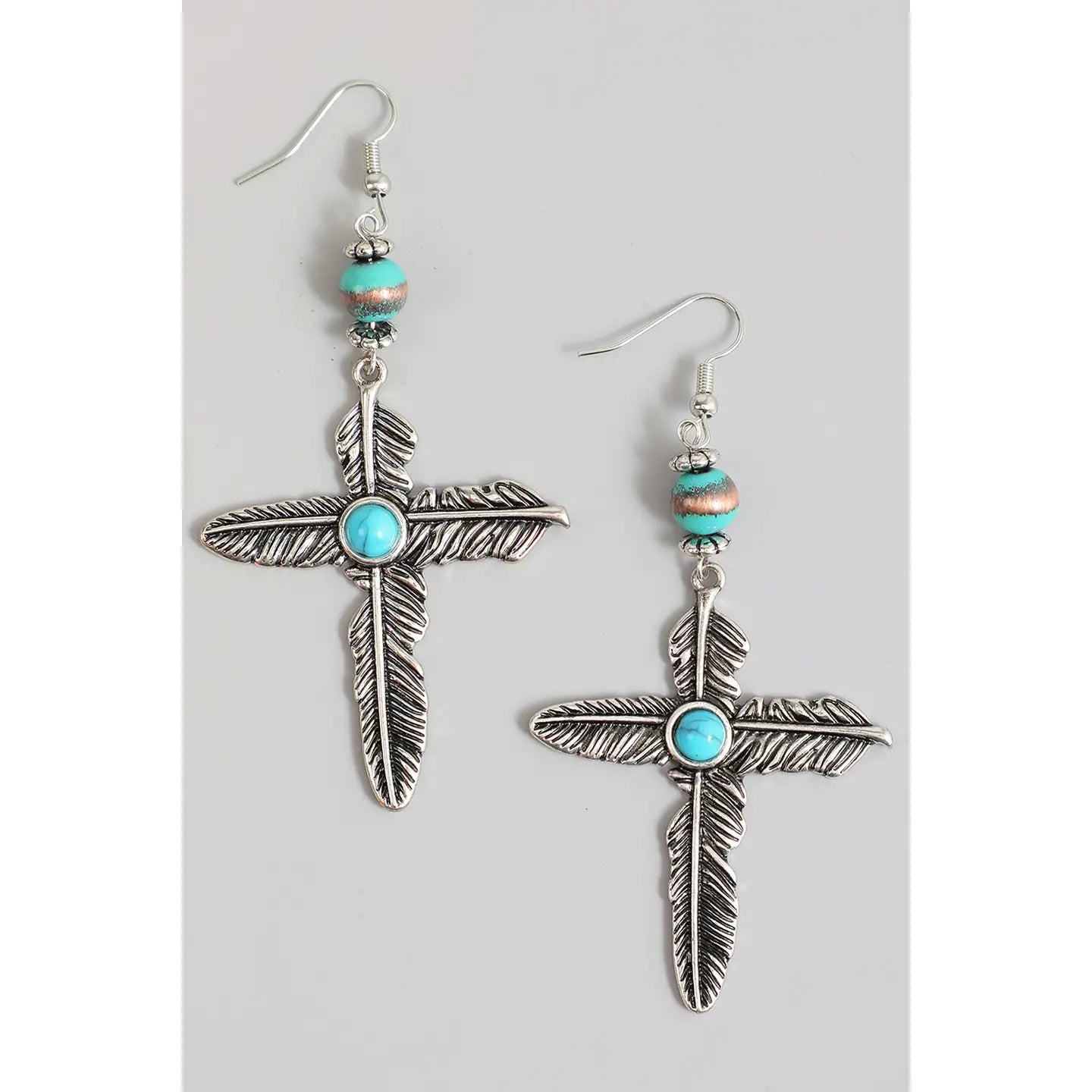 Turquoise Feather Cross Drop Earrings