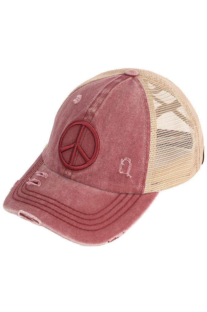C.C Peace Sign Distressed Criss Cross Pony Cap