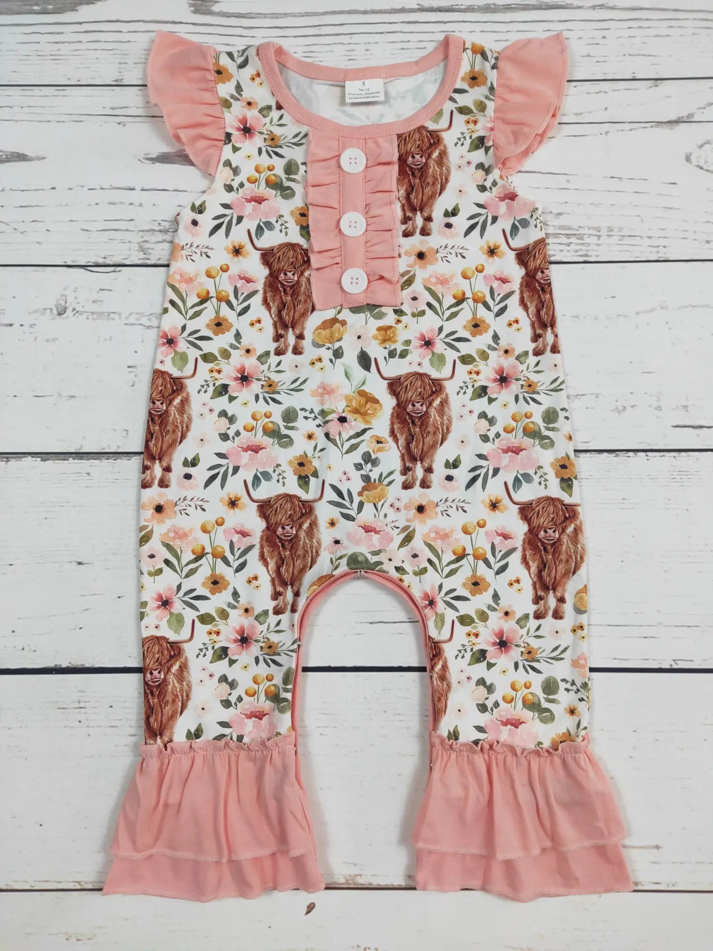 Highland Cow Floral Ruffle Romper